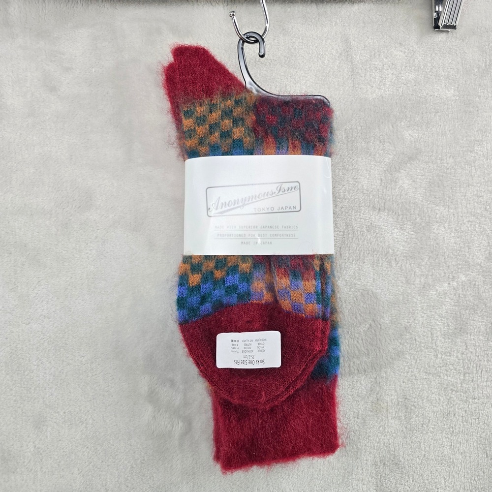 NWT Anonymous Ism Mens Socks Red Multi Napping Checkerboard Crew Patchwork Fuzzy